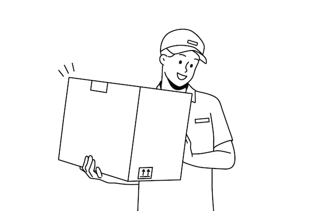 Smiling deliveryman with box in hands