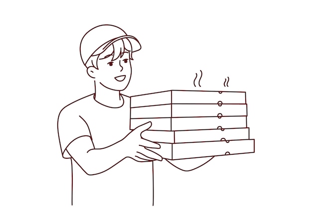 Smiling deliveryman with pizza boxes