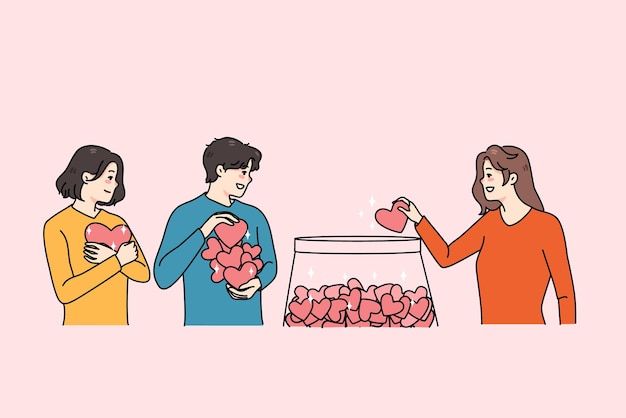 Smiling diverse people with red hearts put in jar volunteer to needy persons Happy man and women donate to charity Donation and volunteering concept Flat vector illustration