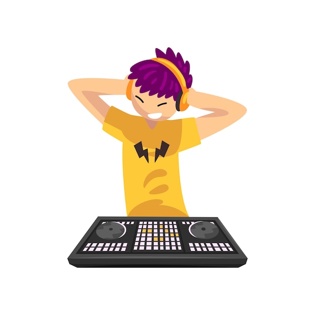 Smiling DJ with colored hair playing music on mixer console deck vector Illustration isolated on a white background