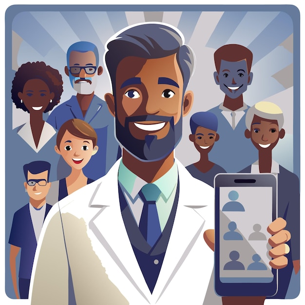 Smiling doctor holding phone with diverse group of people behind him