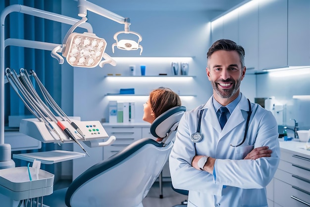 smiling doctor in medical gloves with crossed hands looking at the camera in dental clinic