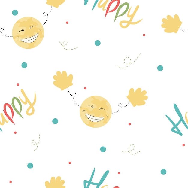 Smiling Earth Emoji with Colorful Word Happy Seamless Pattern Vector