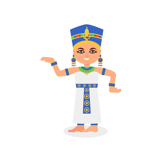 Smiling Egyptian woman in dancing action Queen of ancient Egypt Cartoon female character in traditional costume Flat vector