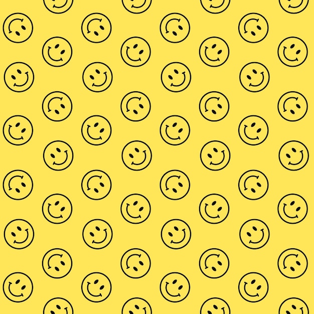 Vector smiling emoji black line smile icons seamless vector pattern isolated on yellow background