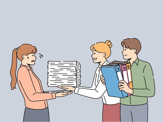 Smiling employees give paperwork to stressed worker