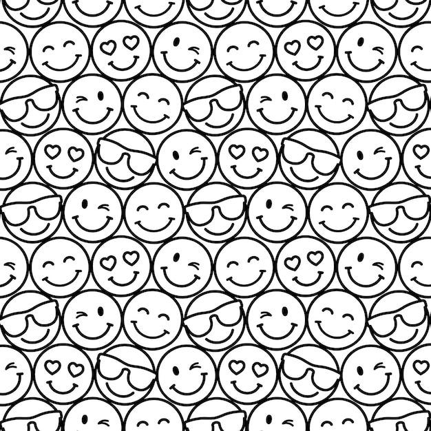 Vector smiling face seamless pattern black and white smile faces background anti stress coloring page