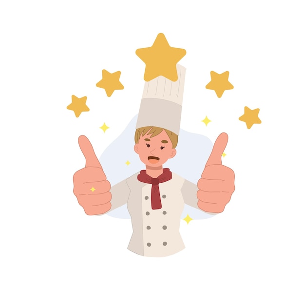 Smiling female chef or baker with thumbs up five stars vector cartoon illustration