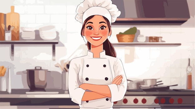 Vector smiling female chef in commercial kitchen