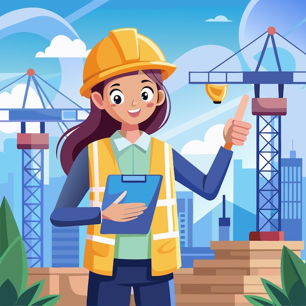 Vector a smiling female engineer in a yellow hardhat and vest points towards a construction crane with a clipboard in her other hand in front of a cityscape