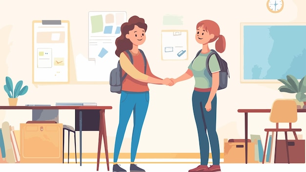 Vector smiling female teacher handshaking student education and success concept