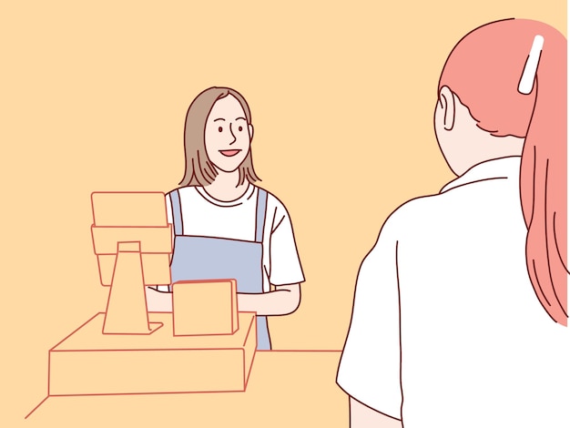 Smiling female waitress cashier taking order from customer simple korean style illustration