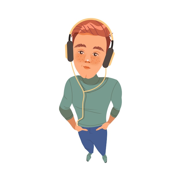 Vector smiling freckled man in headphones listening to music and looking up watching at something above view vector illustration