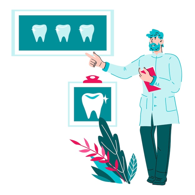 Smiling friendly dentist male cartoon character pointing at posters with teeth