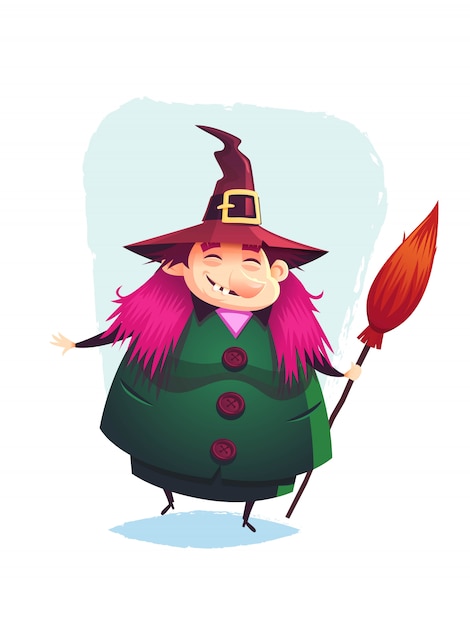 Smiling funny witch with a broom Cartoon halloween  illustration