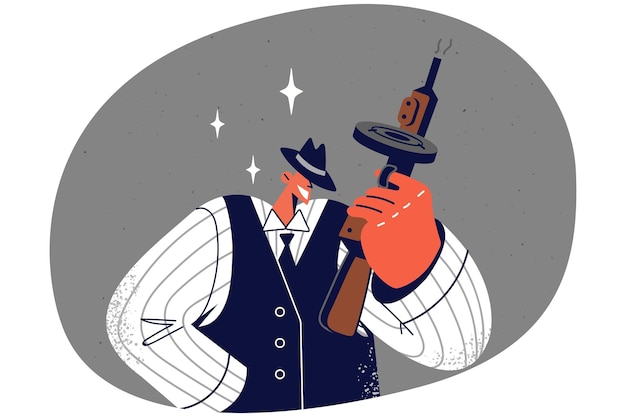 Smiling gangster in suit holding gun in hands looking cool Happy man criminal in western style clothing Crime and mafia Vector illustration