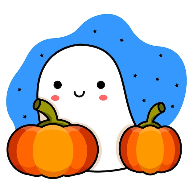 Smiling ghost and pumpkins Sky and stars halloween drawing Vector illustration