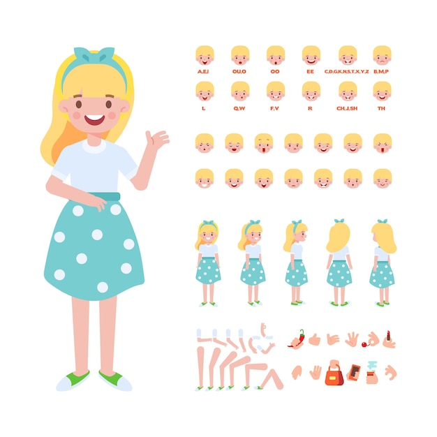 Smiling Girl for animation Various hairstyles emotions lip sync and gestures Front side back view