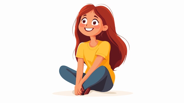 Smiling girl crouching at home cartoon portrait