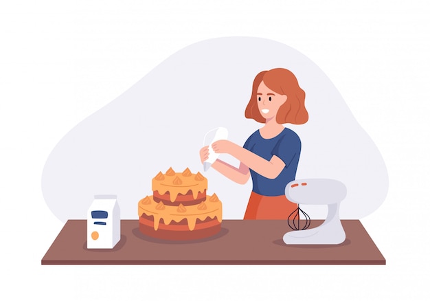 Smiling girl a dish cake on kitchen table. Woman in the kitchen preparing homemade meals for dinner. illustration cooking at home concept