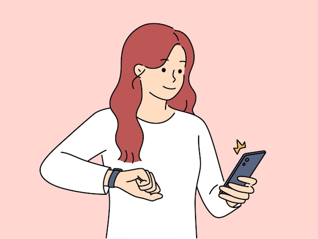 Smiling girl get notification on phone and smartwatch