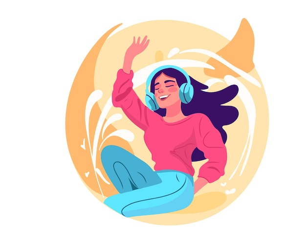 Vector smiling girl in headphones listen to music vector illustration