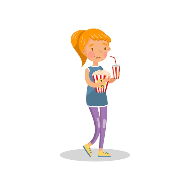 Smiling girl holding popcorn and plastic cup of soda drink cartoon vector Illustration on a white background