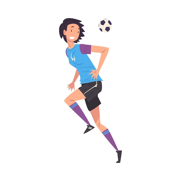 Smiling girl playing soccer young woman football player character in sports uniform kicking the ball