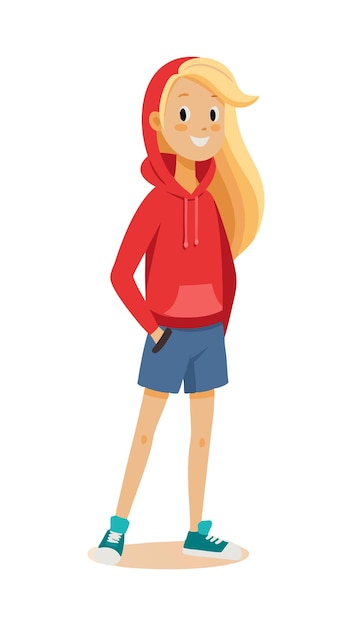 Vector smiling girl in red hoodie and blue shorts standing confidently in casual outfit