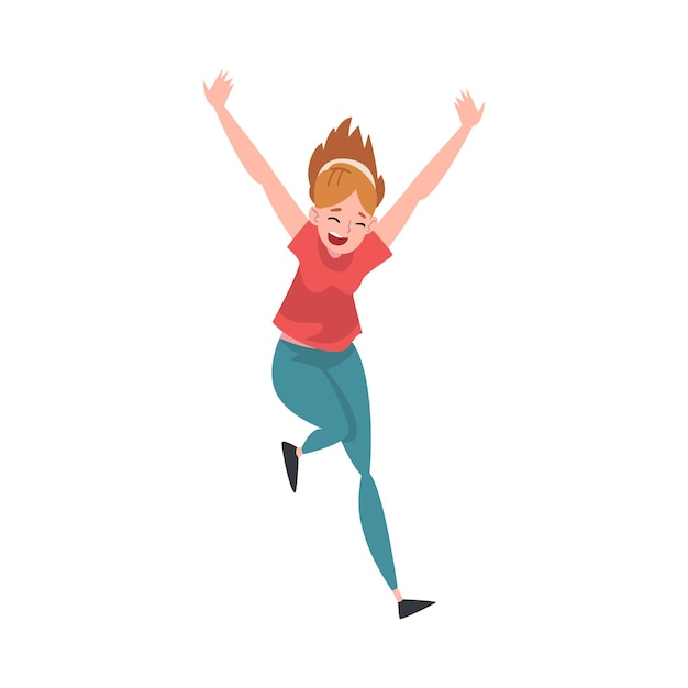 Vector smiling girl running with raising hands up happy positive teenage girl character vector illustration