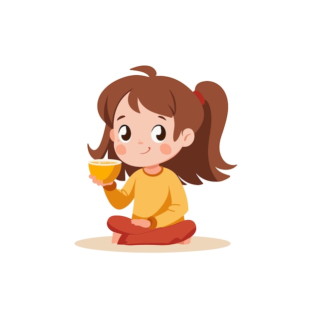 Smiling girl sitting crosslegged and holding a bowl in a cute cartoon style