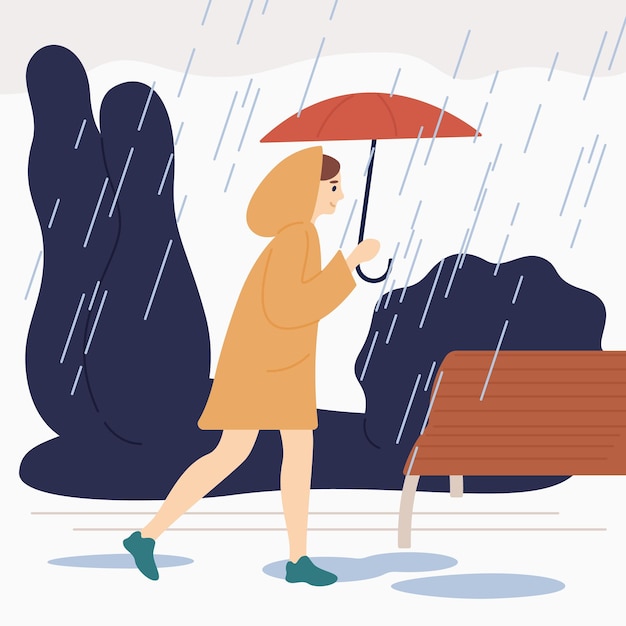 Smiling girl with umbrella walk under rain vector flat illustration. Happy female wearing raincoat stroll in natural park or street at rainy day. Colorful woman enjoying autumn season outdoor.