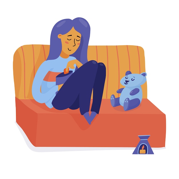 Smiling girl, woman relaxing on sofa with teddy bear, eating chips, happy alone