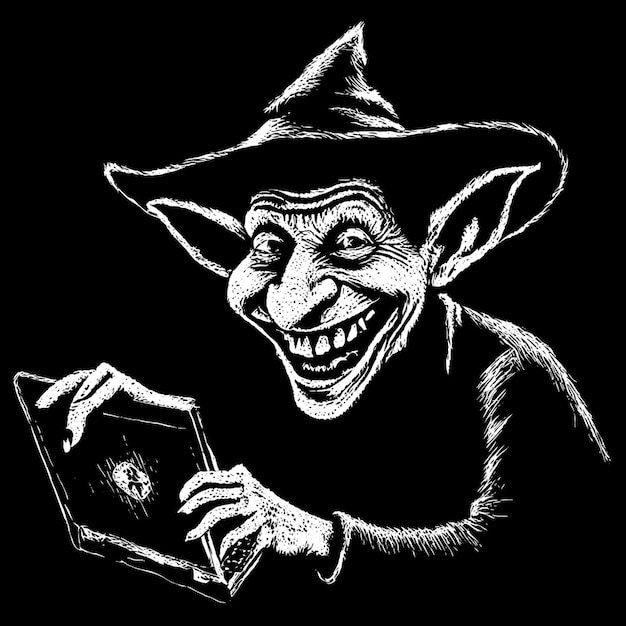 a smiling goblin with a strawhat carrying a laptop vector illustration engraving