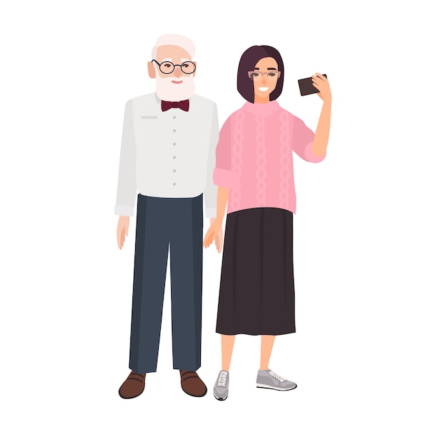 Smiling grandfather and granddaughter standing together and taking selfie. Cute funny elderly man and young girl making photo on smartphone. Colorful illustration in flat cartoon style.