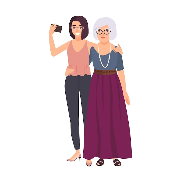 Smiling grandmother and granddaughter standing together and taking selfie on smartphone. Happy old lady and young teenage girl making photo on mobile phone. Vector illustration in flat cartoon style.