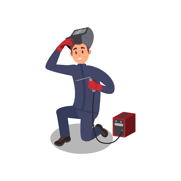 Smiling guy working with welding machine Young man in protective equipment Professional at work Flat vector design