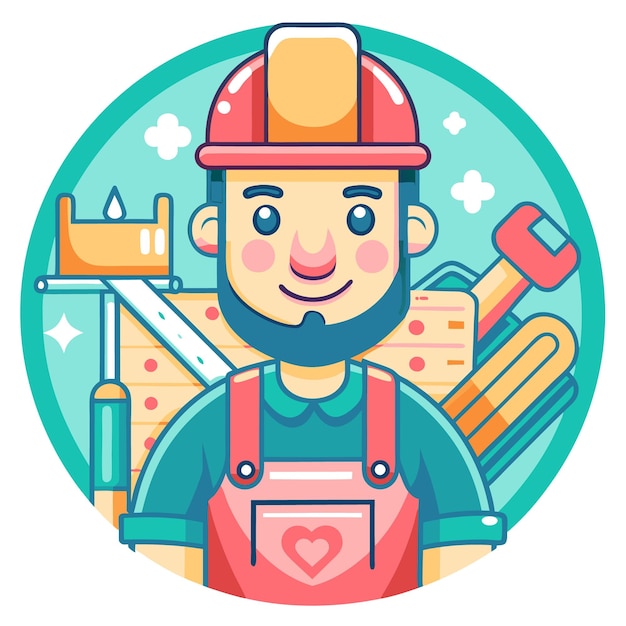 Vector smiling handyman wearing a red hardhat and blue overalls