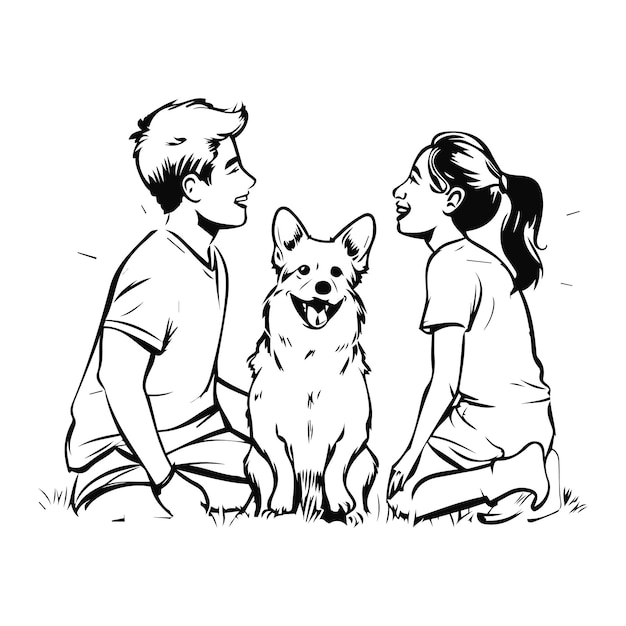 A smiling happy corgi dog with cute boy and girl