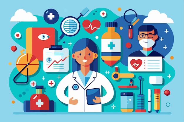 A smiling healthcare professional stands confidently among various medical symbols and tools showcasing elements of diagnosis and treatment in health care