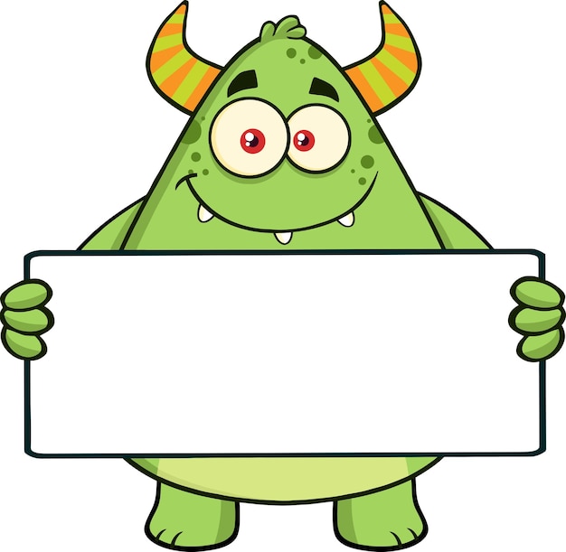 Smiling Horned Green Monster Cartoon Character Holding A Blank Sign. Vector Illustration