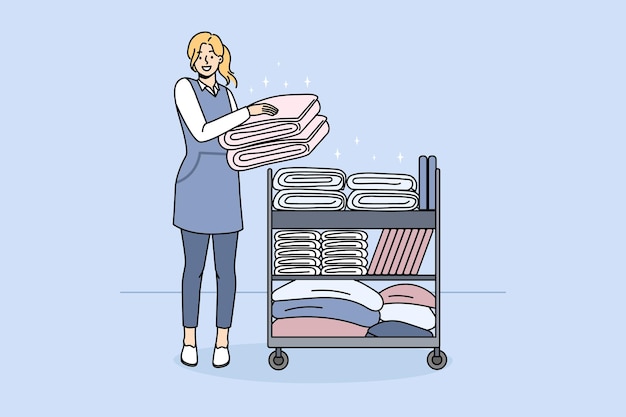 Smiling housekeeper with trolley with clean towels