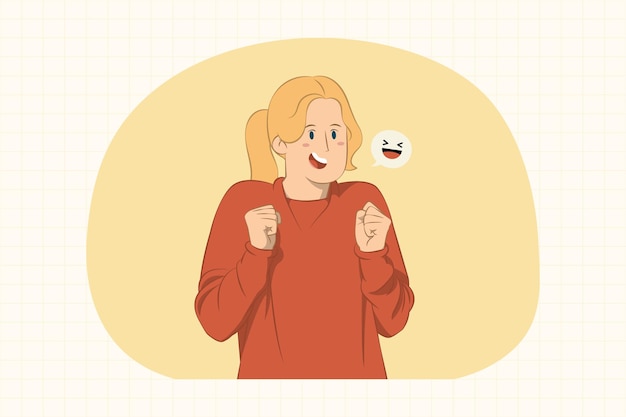 Smiling joyful young woman clenching fists gesture