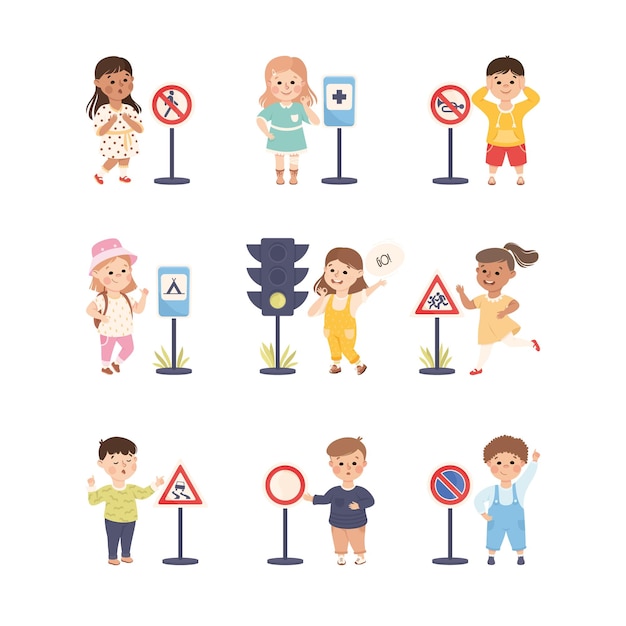 Vector smiling kid characters learning road signs and traffic rules vector illustration set