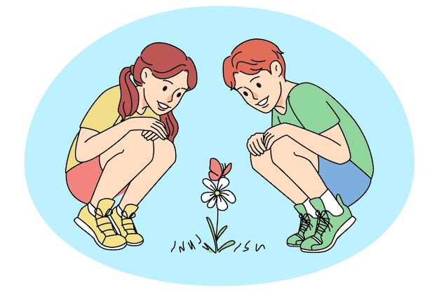 Smiling kids looking at flowers