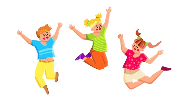 Smiling Kids Playing And Jumping Together Vector. Happy Smiling Kids Boy And Girls Play, Jump And Dancing. Characters Children With Funny Expression Have Active Time Flat Cartoon Illustration