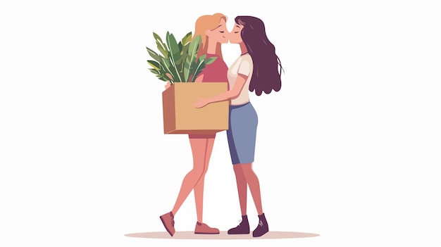 Smiling Lesbian Woman Holding Houseplant and Kissing