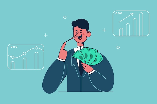 Smiling liar businessman cartoon character standing holding heap of dollars in hand and long nose illustration