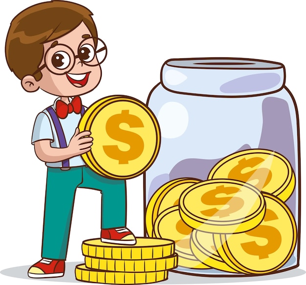 Smiling little boy holding piggy bank and putting coins in it Young kids cartoon character saving m