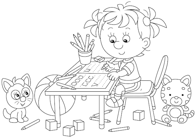 Vector smiling little girl writing in a copybook at her desk among funny toys in a nursery room